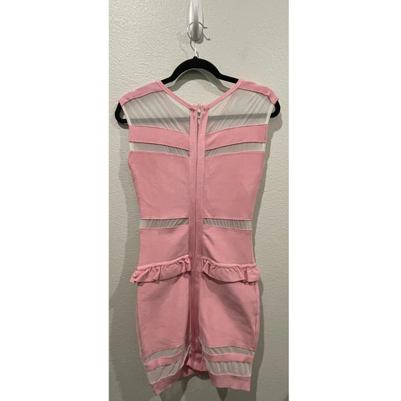 HERVE LEGER Sleeveless Mesh Pink Ruffle Bodycon Mini Dress - Picture 3 of 6